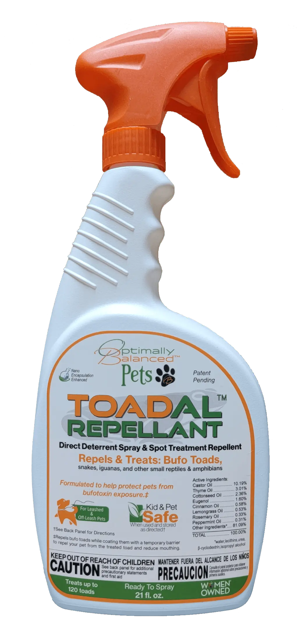 TOADAL™ Repellant with Pet Protective Deterrent Coating - 21 & 8 fl. oz. bottles. Repel and Treat: cane toads (bufo toads), snakes, iguanas and other amphibians and reptiles.